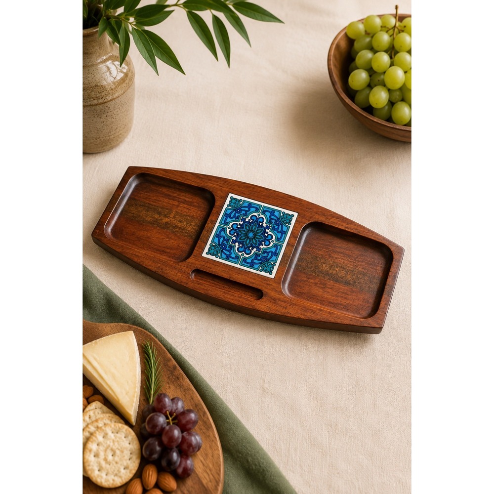 Vintage MCM Imperial Hardwood Japan Cheese Board Appetizer Tray Tile Inlay